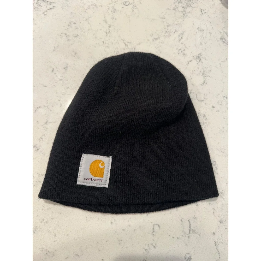 Vintage Carhartt Watch Hat Beanie Black Acrylic Logo Patch Made in USA BLK Mens